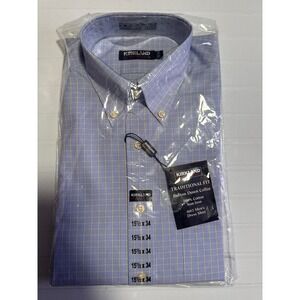 Kirkland Signature Mens Dress Shirt‎ 15.5 x 34 Blue Yellow Check Non-Iron Cotton
